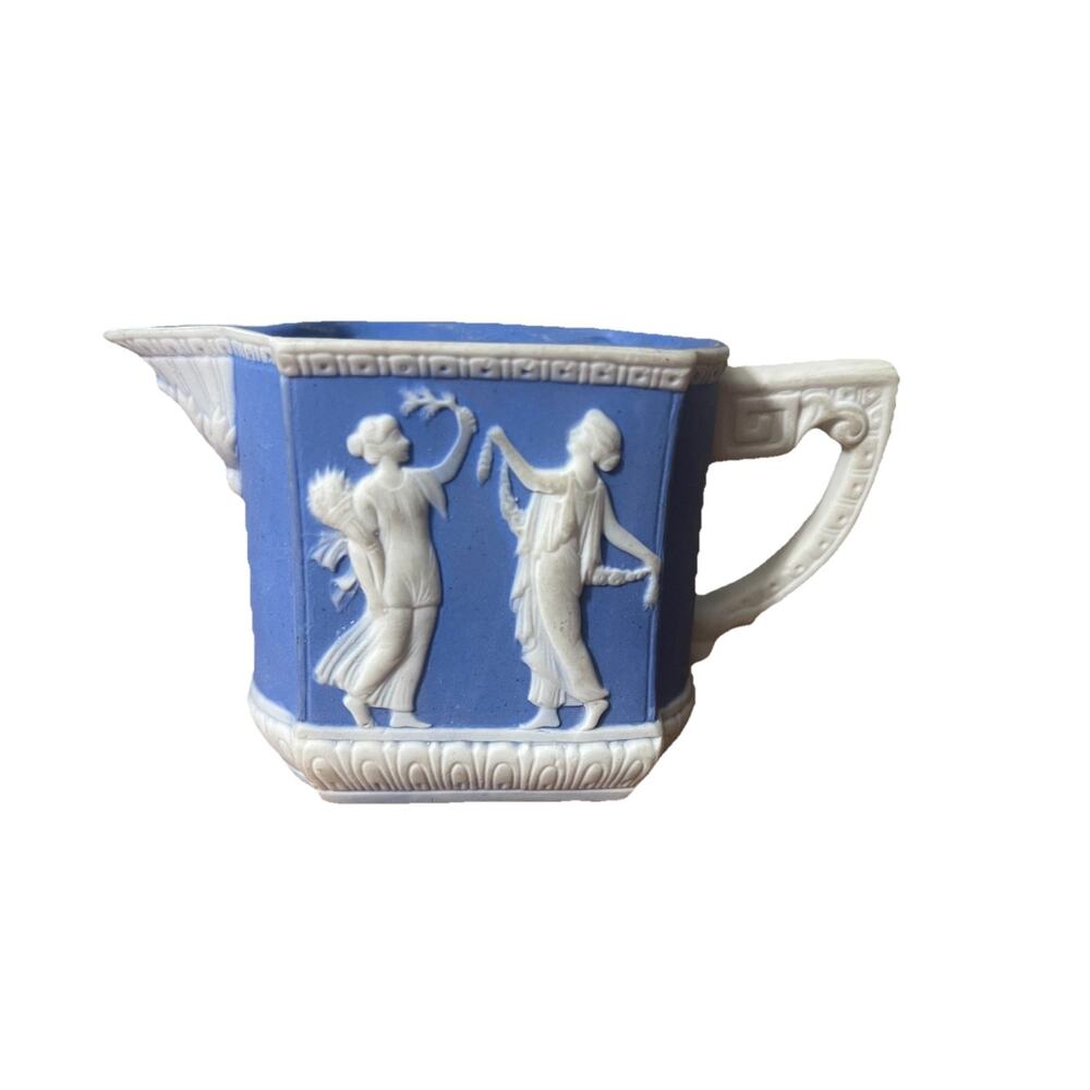 Blue White Jasperware Style Creamer Pitcher Classical Relief 5” Vintage